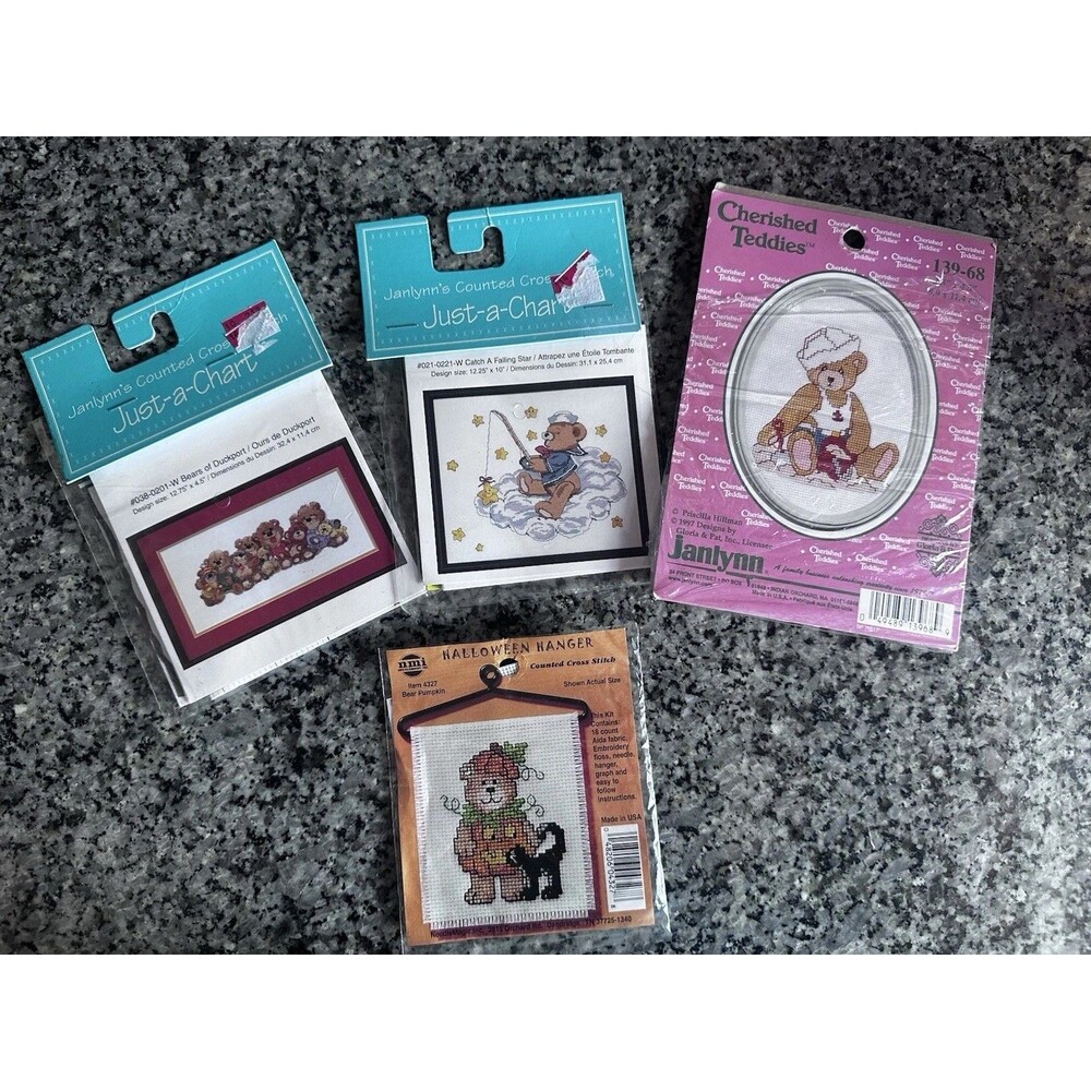 Lot Of VTG Cross Stitch Bear Patterns And Kits Missing Floss But Has Reference